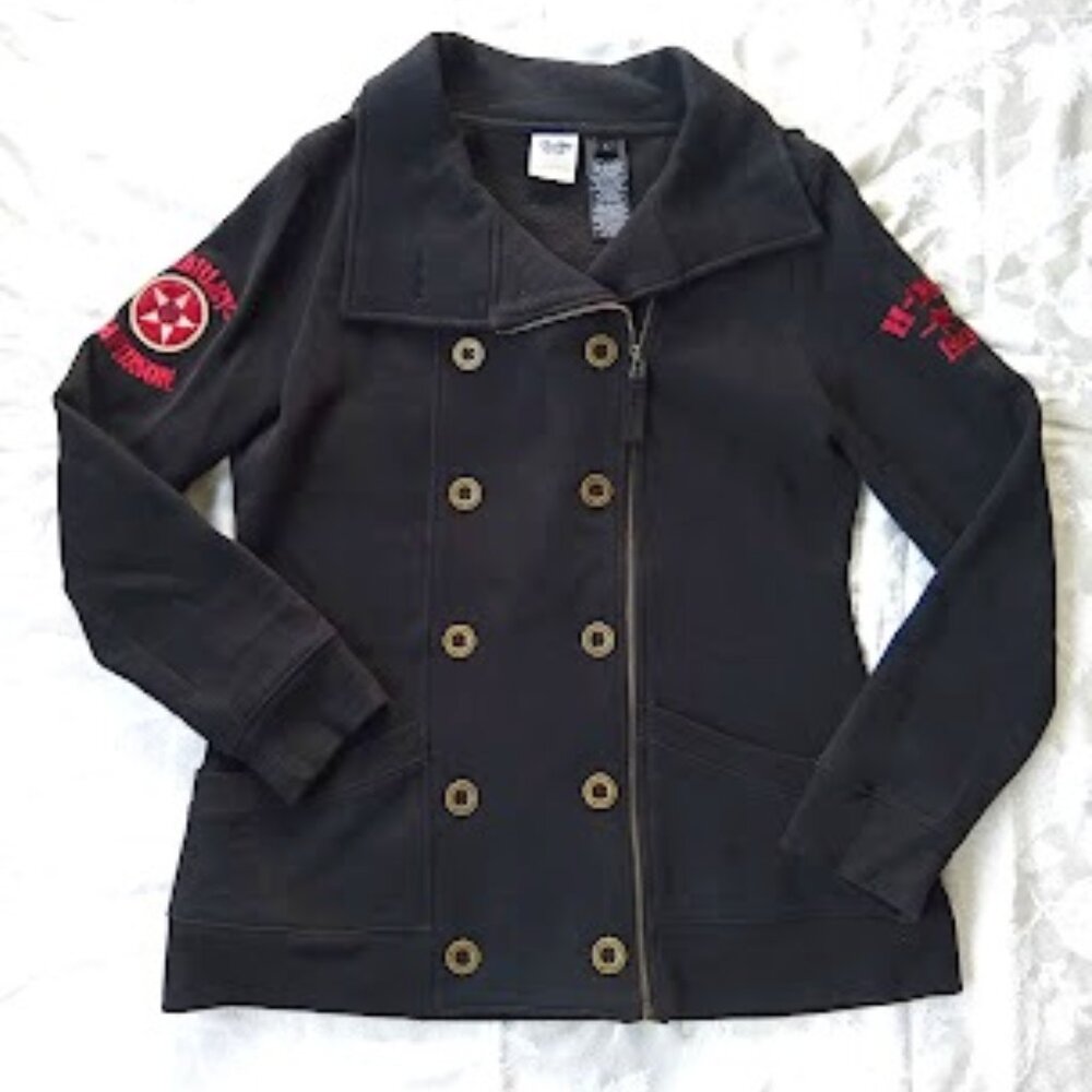 Black Harley-Davidson Zip-Up Jacket with Hood, Buttons, and Sleeve Detail